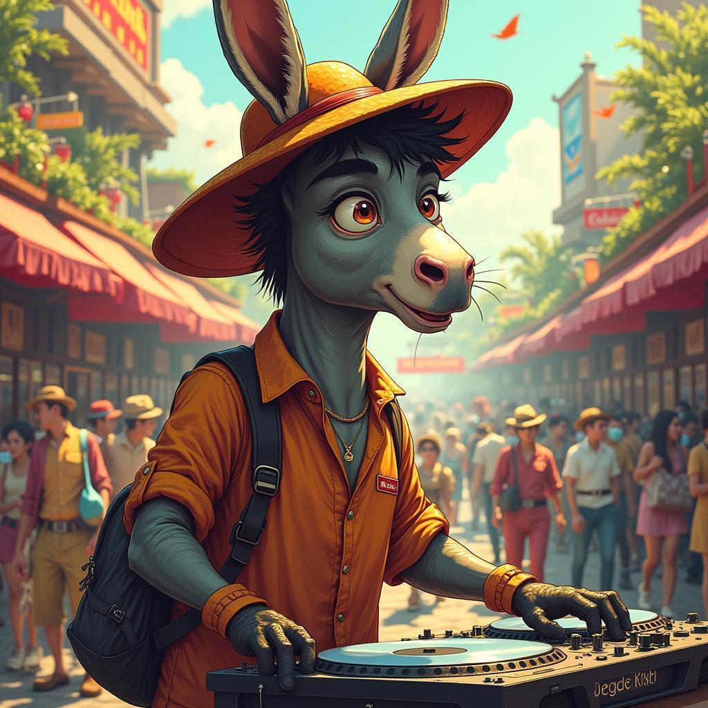 Manga DJ Donkey in a Bustling Zoo