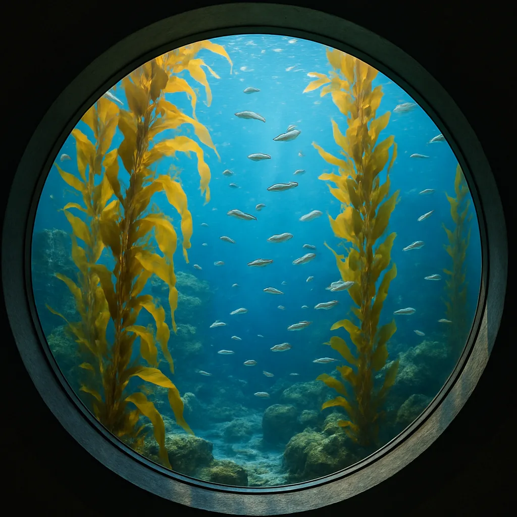 Large Circular Aquarium Window Showcases an Underwater Scene with Vibrant
