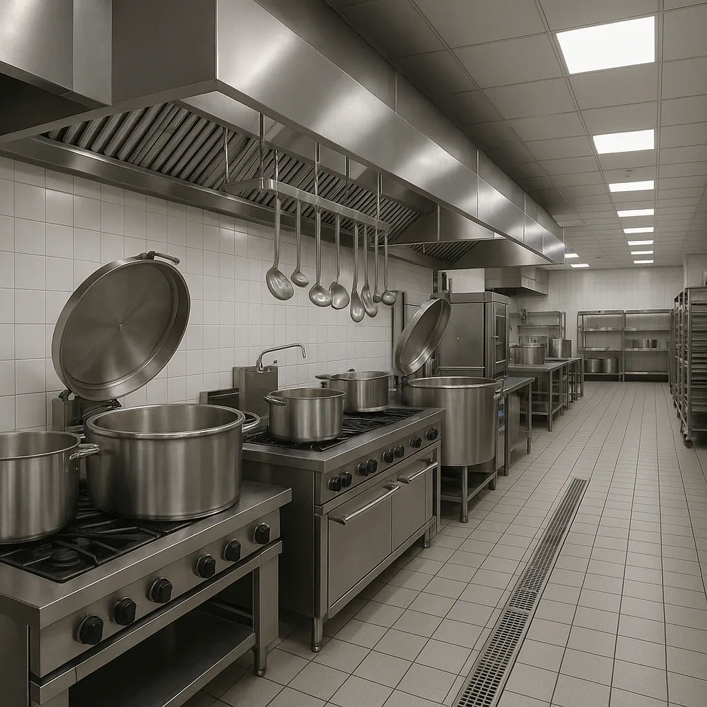 Large Industrial Kitchen with Stainless Steel Equipment