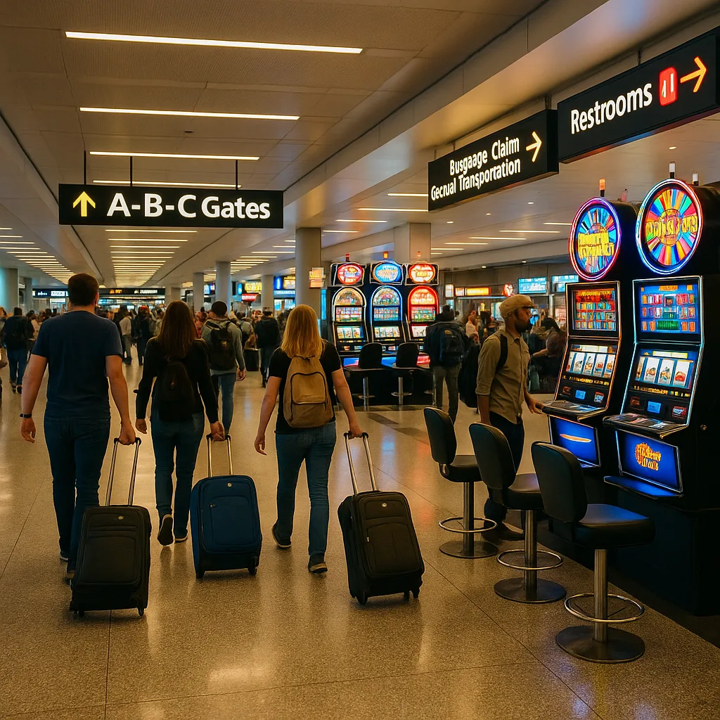 Bustling Airport Terminal with Travelers Pulling Luggage Past Slot Machines