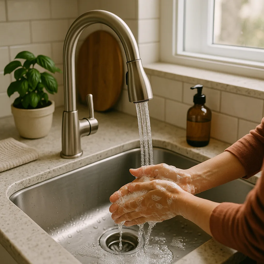 Person Cleaning their Hands at a Sink in a Kitchen