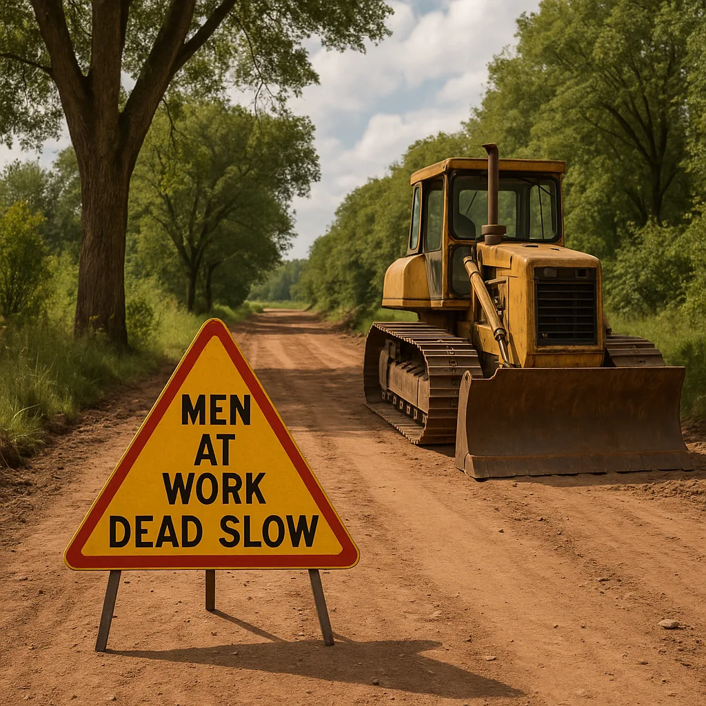 Construction Site with a "Men at Work Dead Slow" Sign