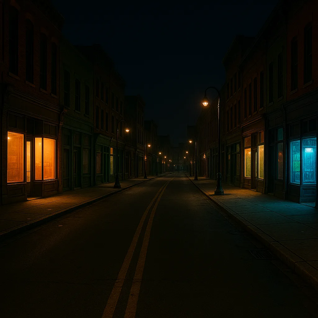 Quiet Nighttime Setting Featuring Empty Streets in a Downtown District