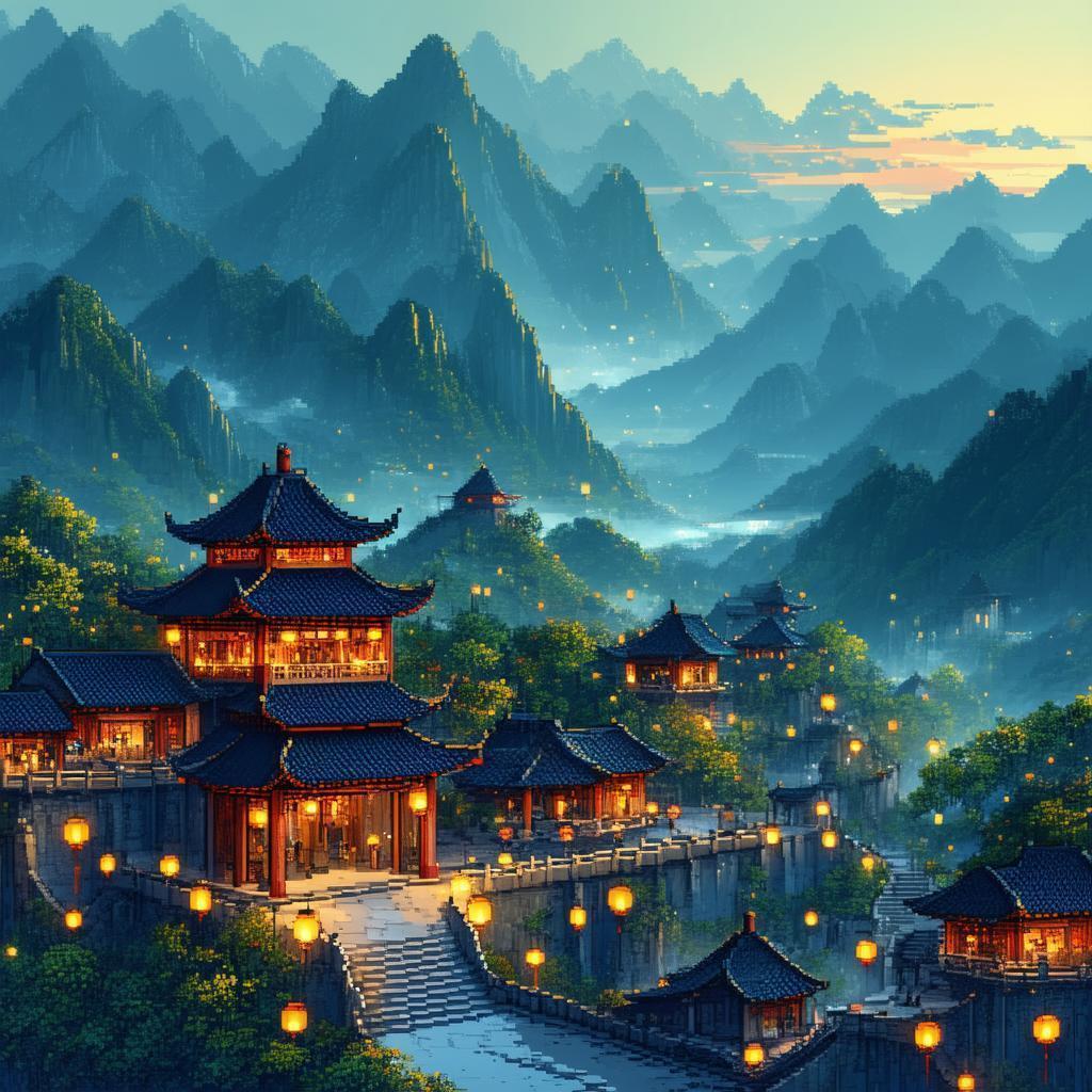Lantern Lit Chinese Village in Pixels