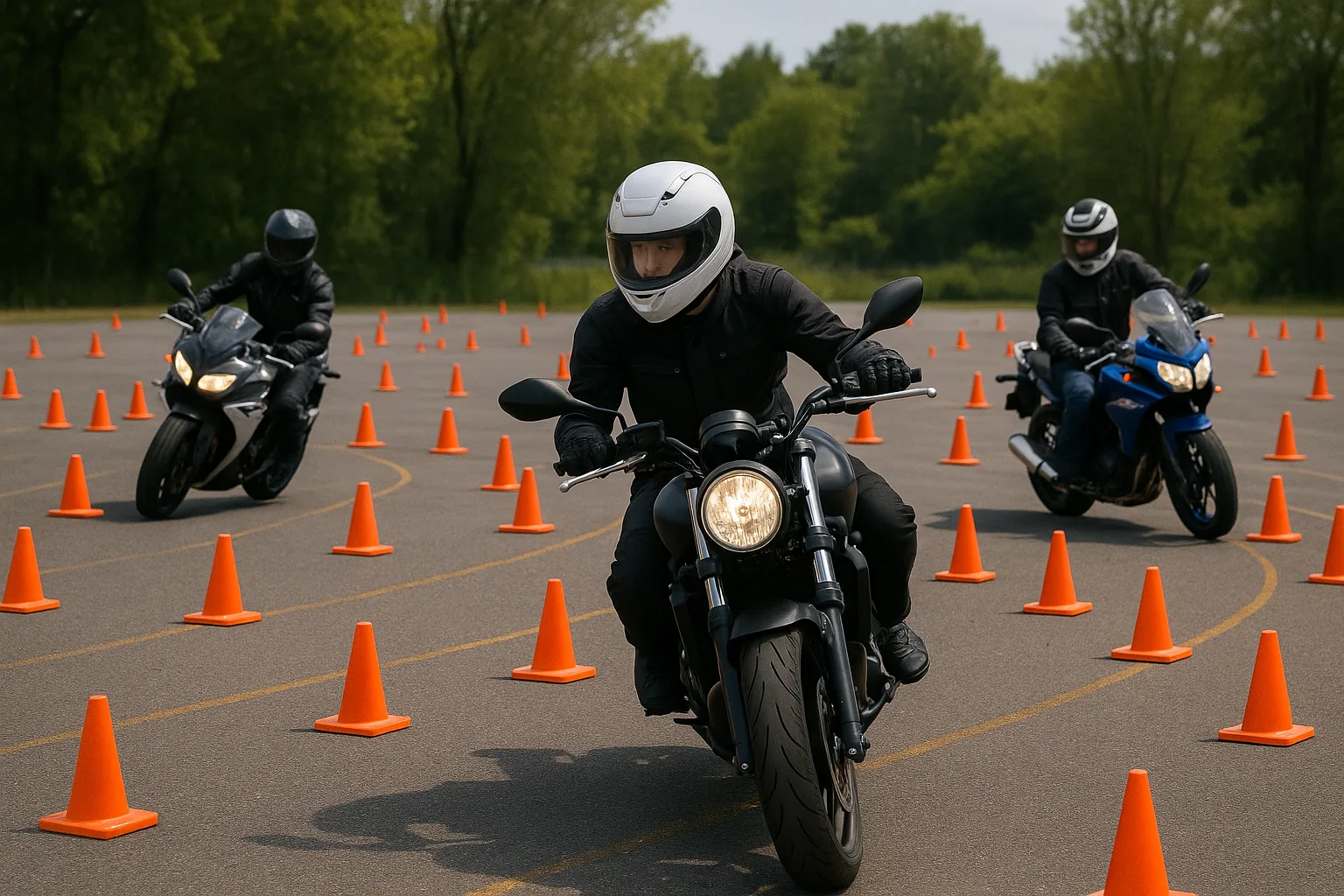 Three Motorcyclists Maneuver Through an Outdoor Course