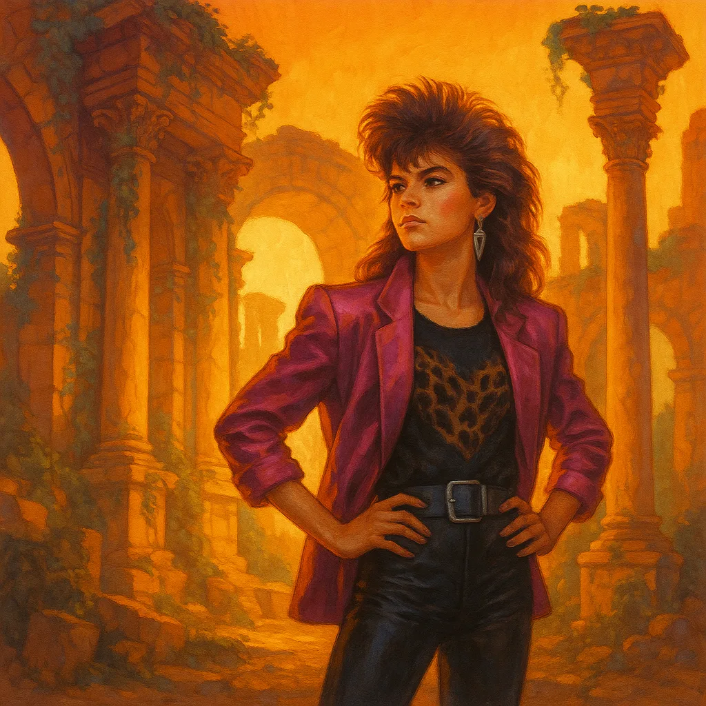 Commanding Teenager in 1980s Glam Attire Surveys Ancient