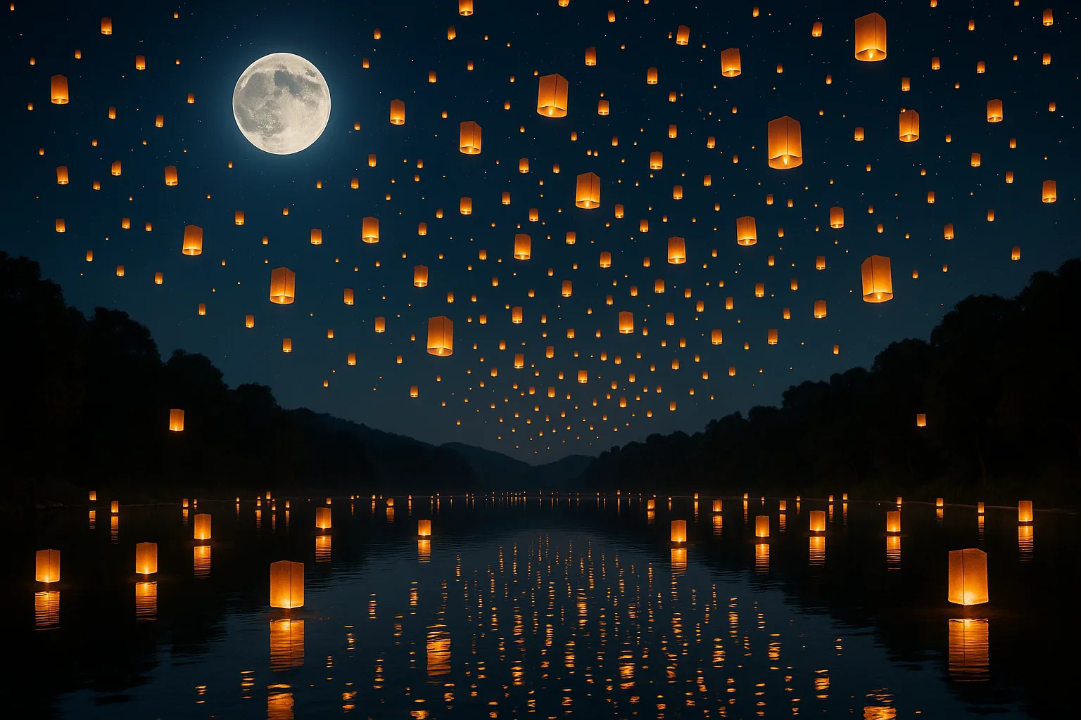 Myriad Tiny Paper Lanterns Float Skyward over a Tranquil Lake