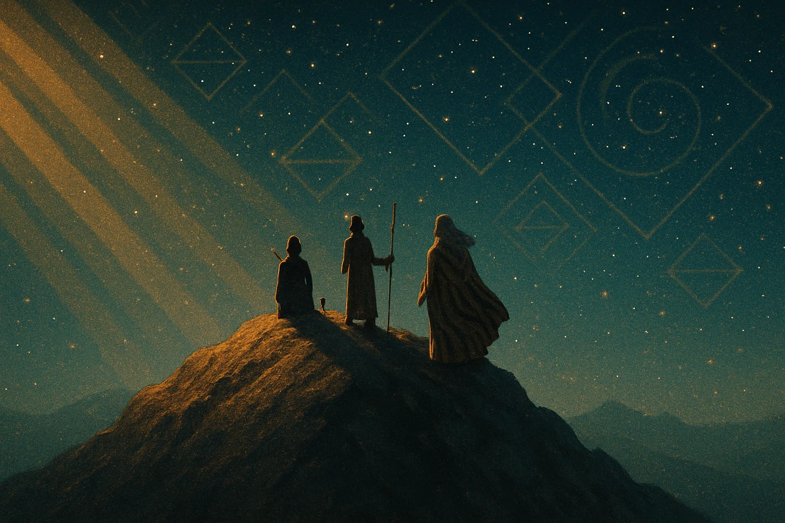 Three Diminutive Figures—one Seated in an Explorer's Dark Silhouette