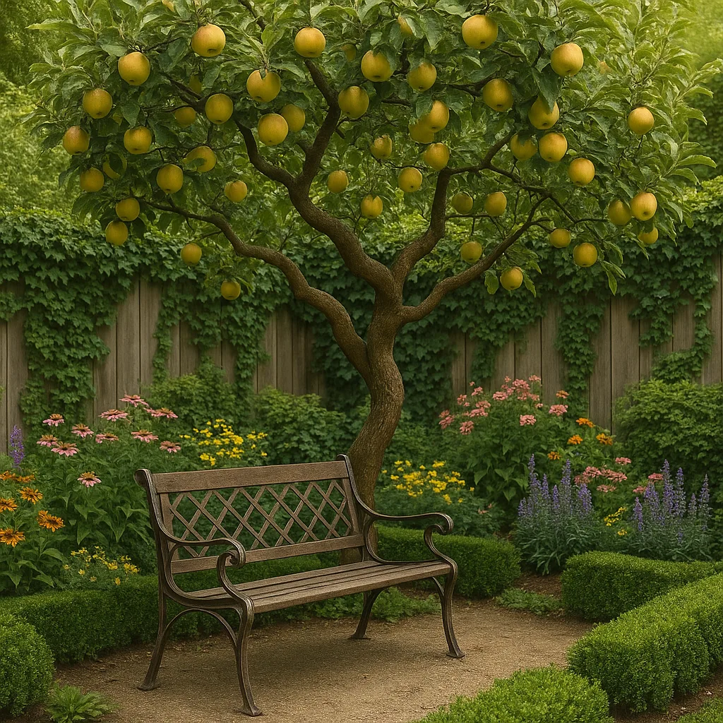 Peaceful Corner of a Garden Showcases a Delightful Apple Tree