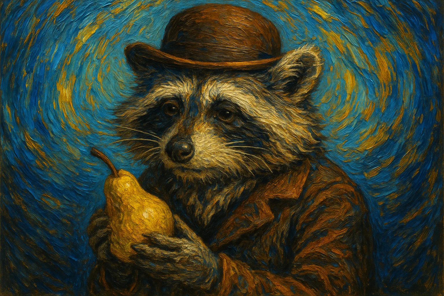 Detailed Oil Painting Portraying an Elderly Raccoon