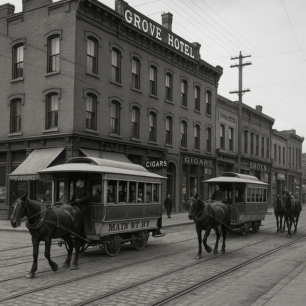 Horse-drawn Trams on a Street Outside a Brick Hotel Building