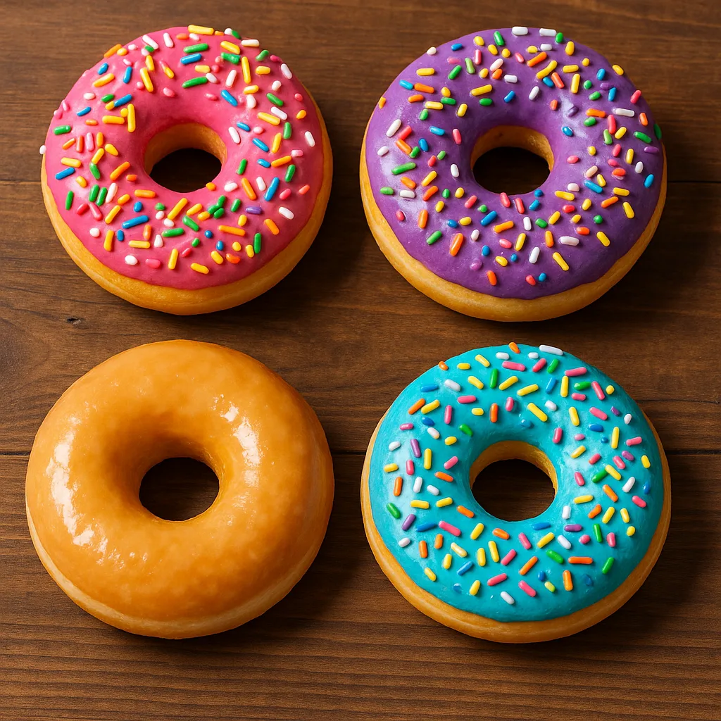 Four Vibrant Donuts Placed on a Wooden Surface
