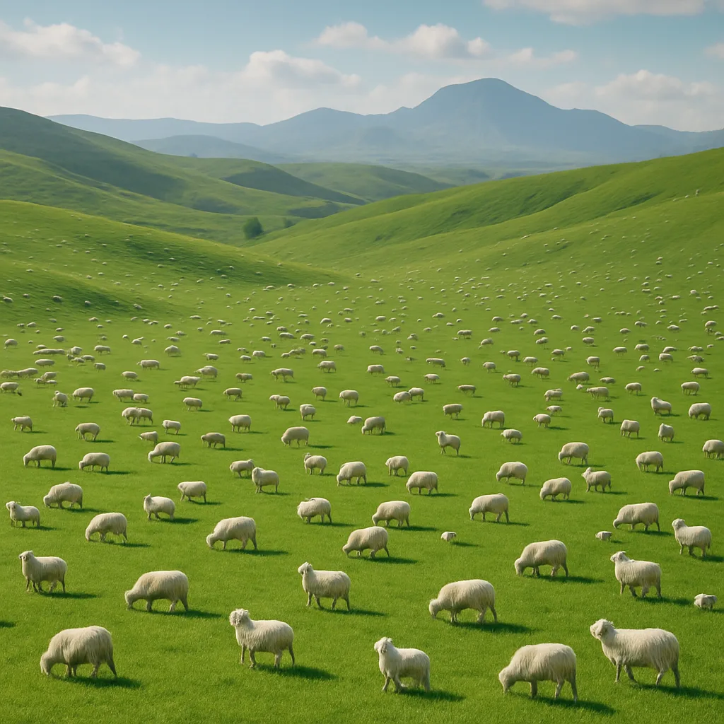Countless White Sheep Graze Scattered Across Vast