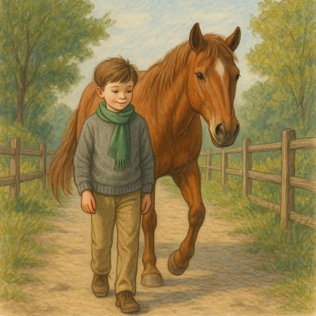 Young Boy Wearing Khaki Pants and a Gray Sweater Strolls