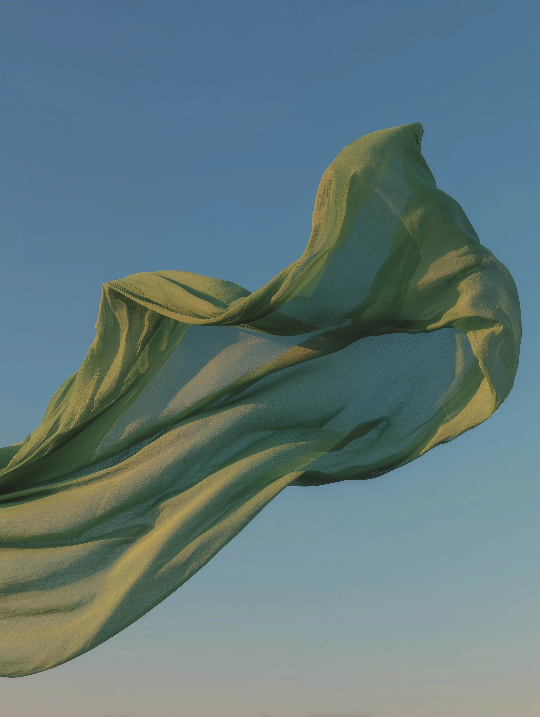 Green fabric flying midair in a golden hour timing in saudi desert