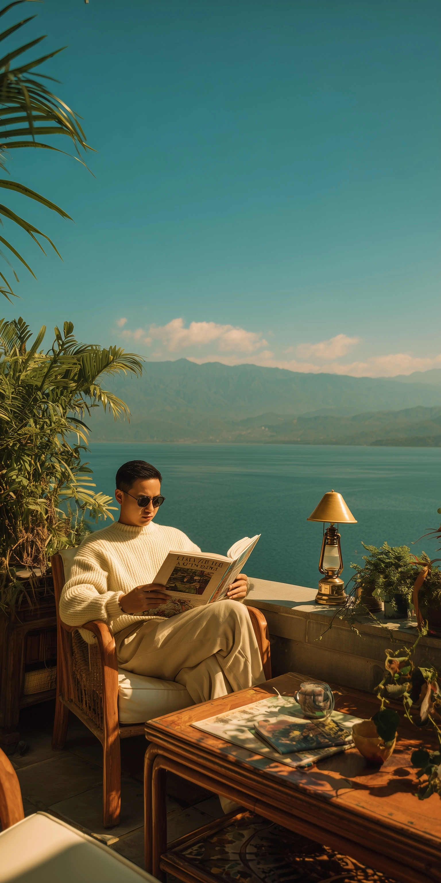 Photorealistic travel photography, a man sitting on a wooden chair reading a magazine by Erhai Lake