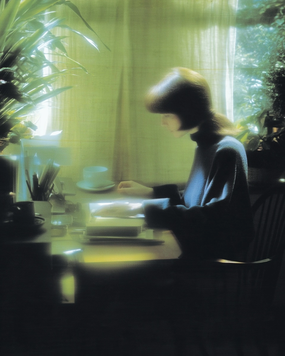 Young woman working with full concentration at a clean cozy desk at home, organized stationery