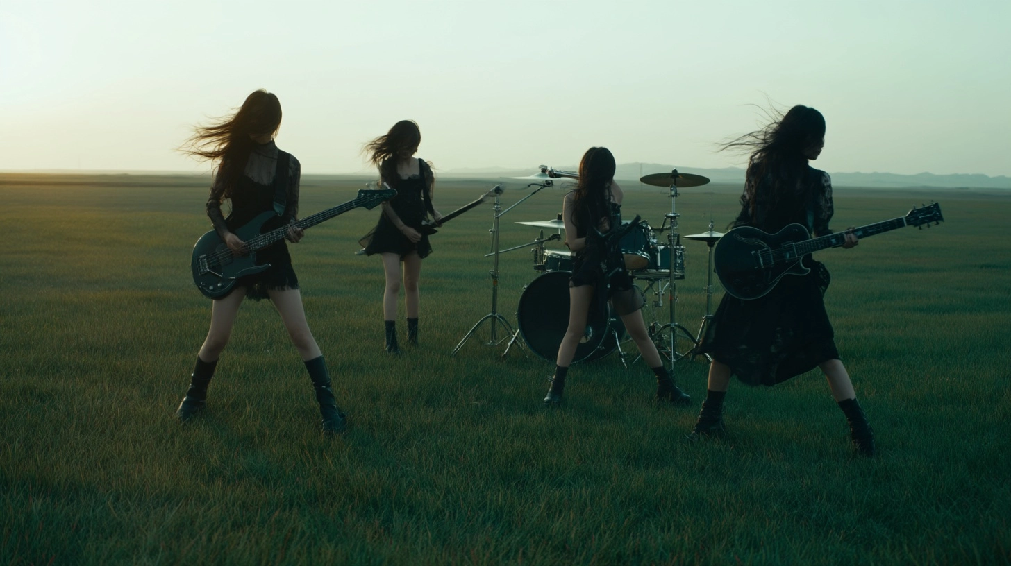 A cinematic wide shot of a four-member Chinese girl rock band performing on a vast empty grassland