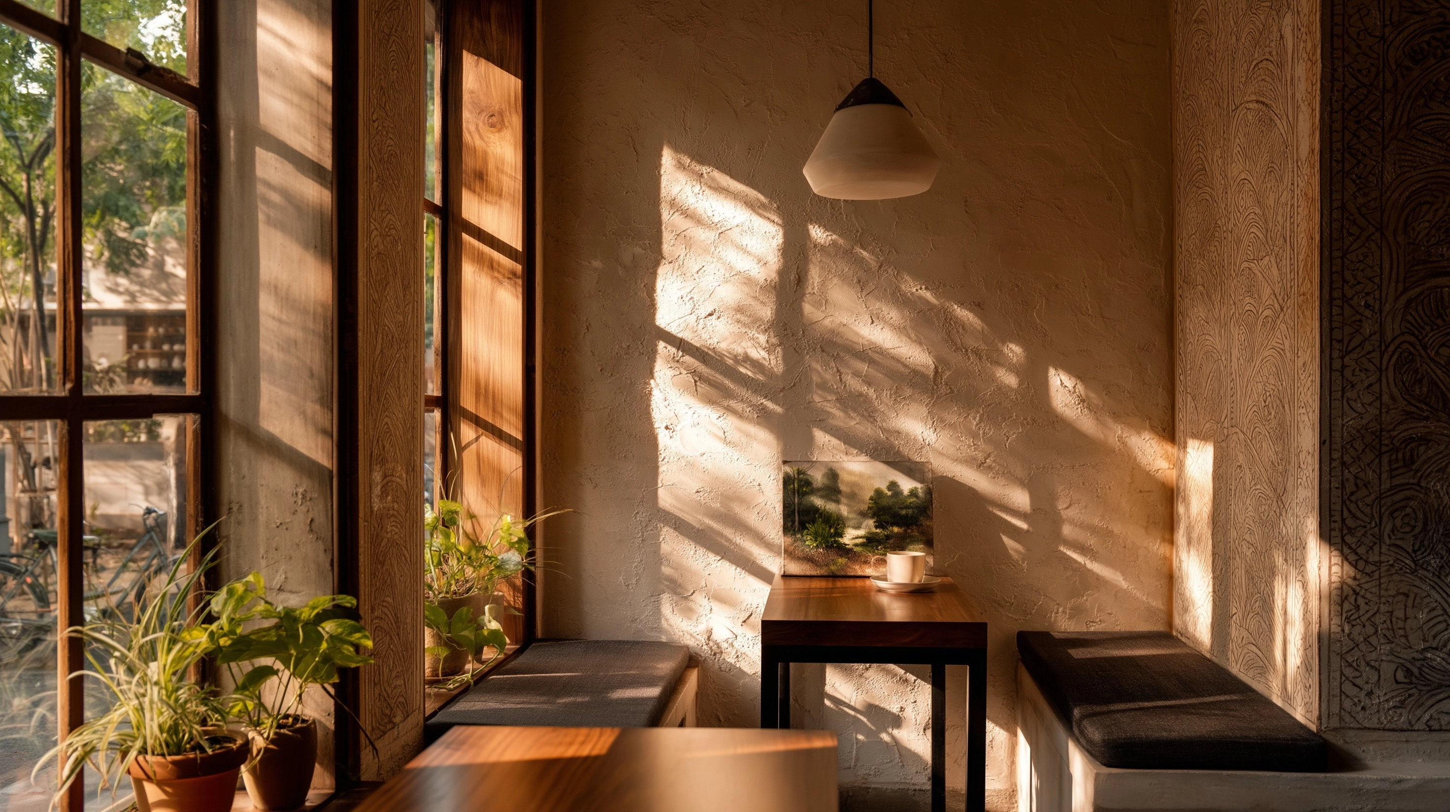 A photo of the corner window seat in an urban coffee shop