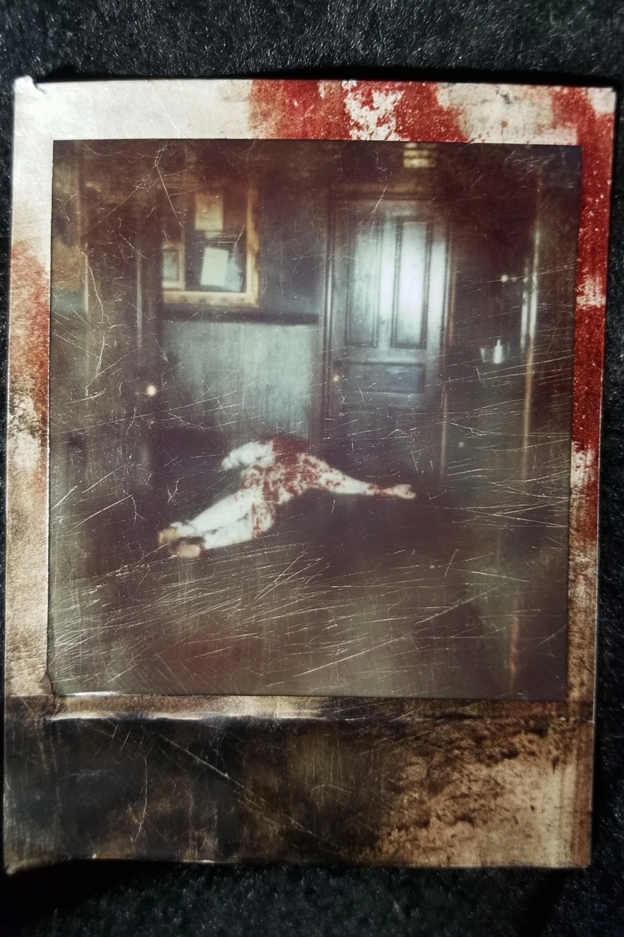 Eldritch horror 1970's vintage polaroid crime scene scratched aged , arkham