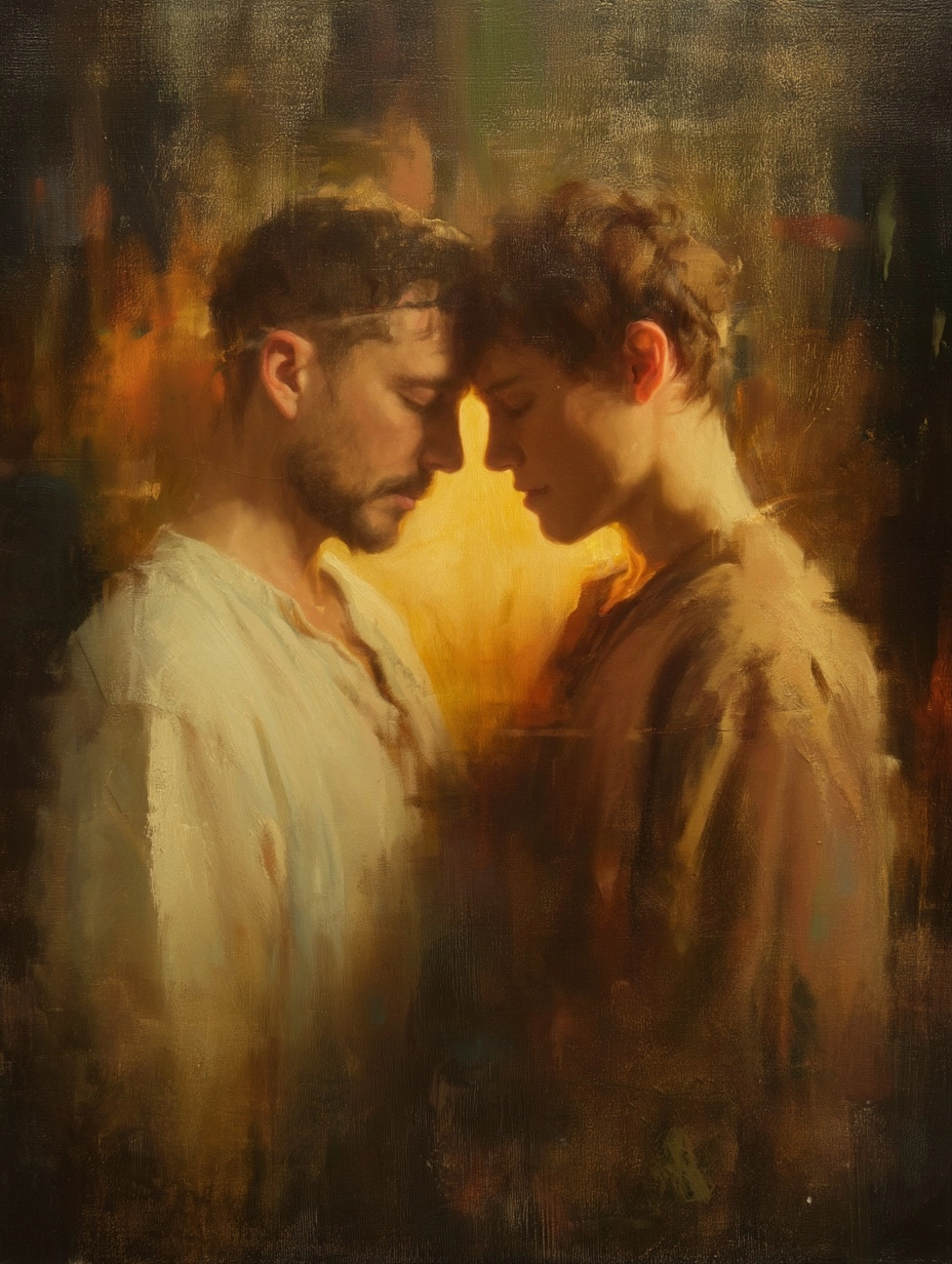 Two men leaning forehead to forehead, eyes closed, soft golden light, oil painting