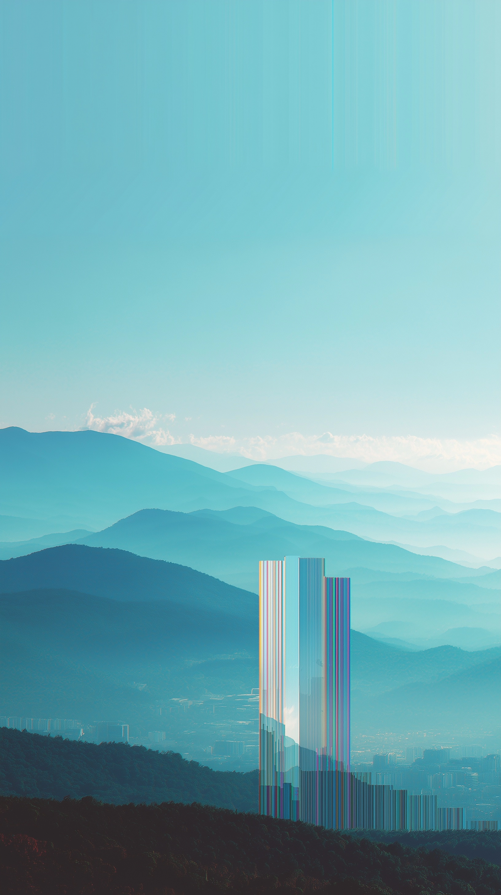 A serene mountain landscape with a digital glitch effect