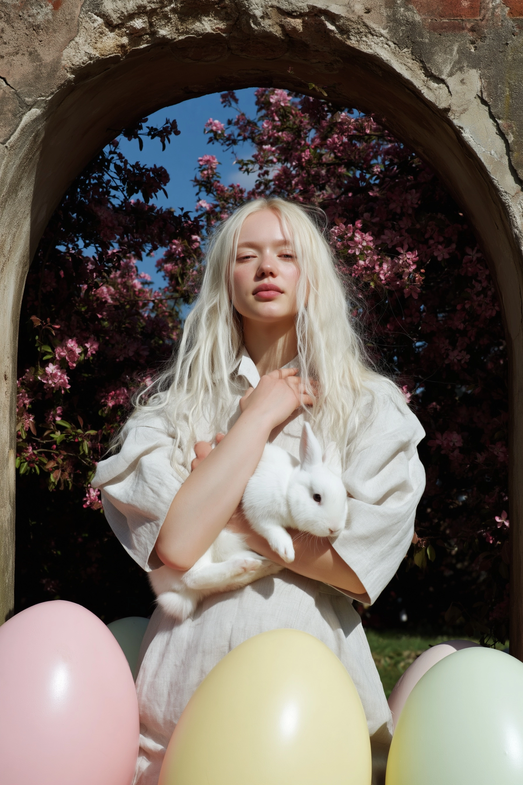 A Slavic woman with long platinum blonde hair, pale skin, natural facial features