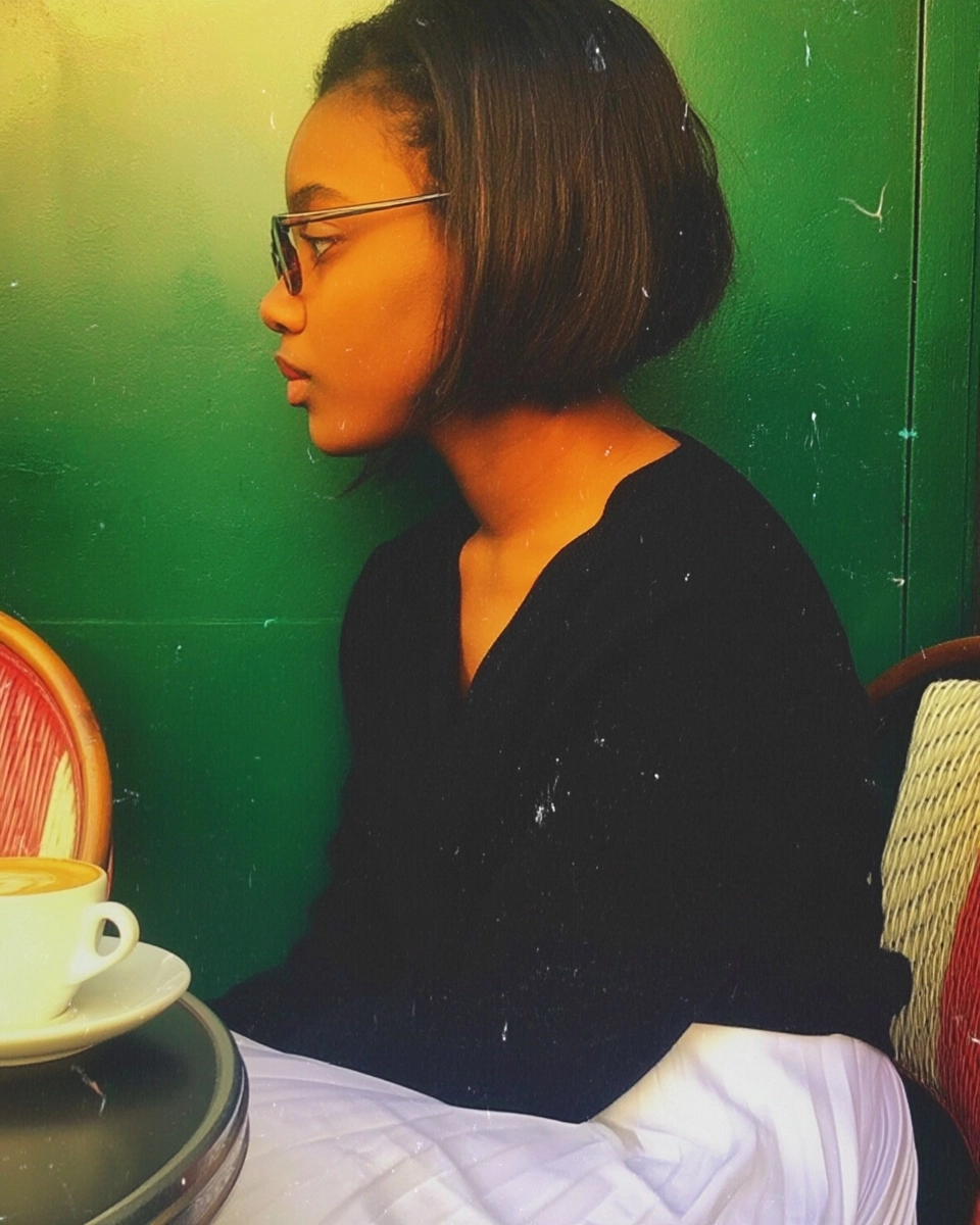 An african american woman wearing a preppy style black v-neck sweater, a white pleated skirt