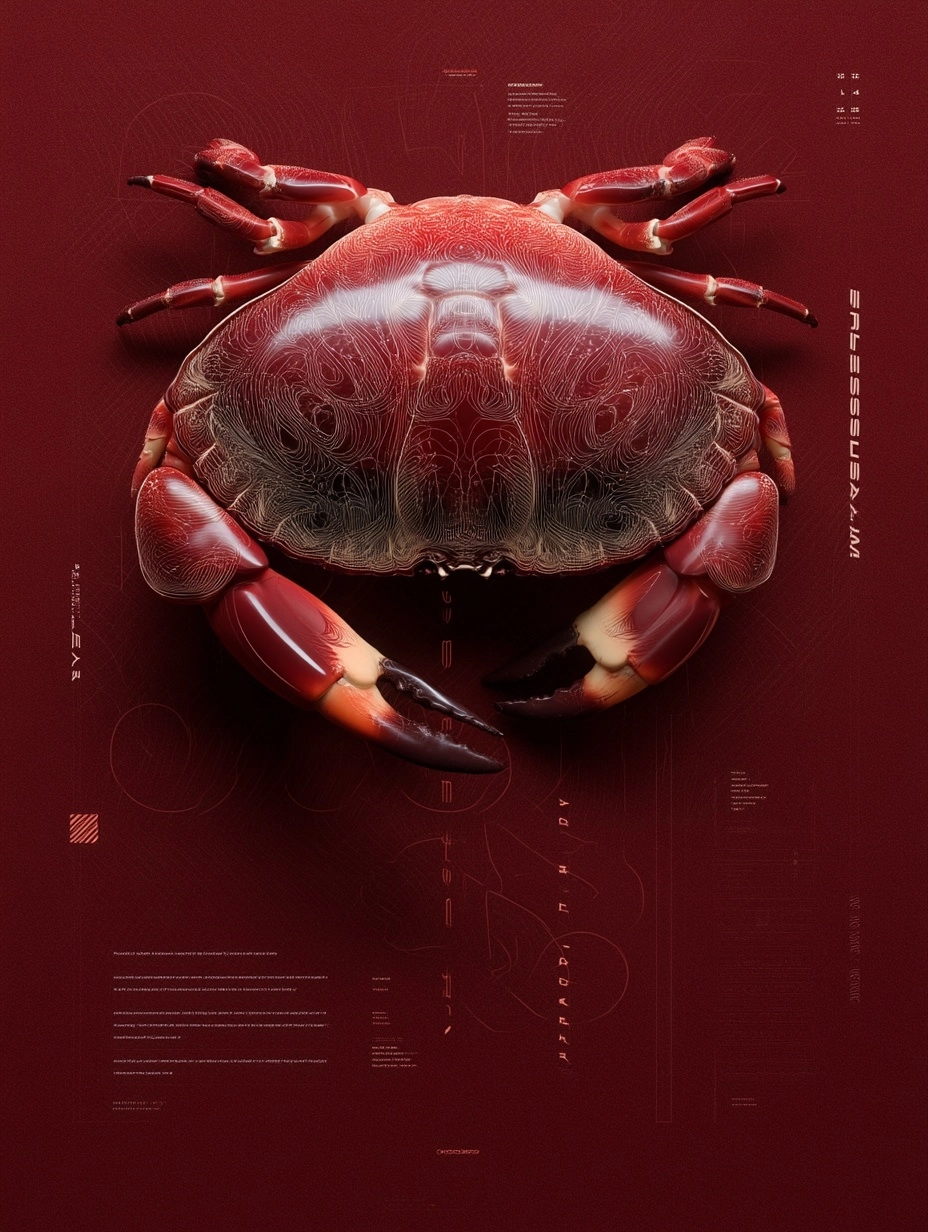 Contemporary graphic poster design featuring a large symmetrical crab in deep crimson and burgundy t