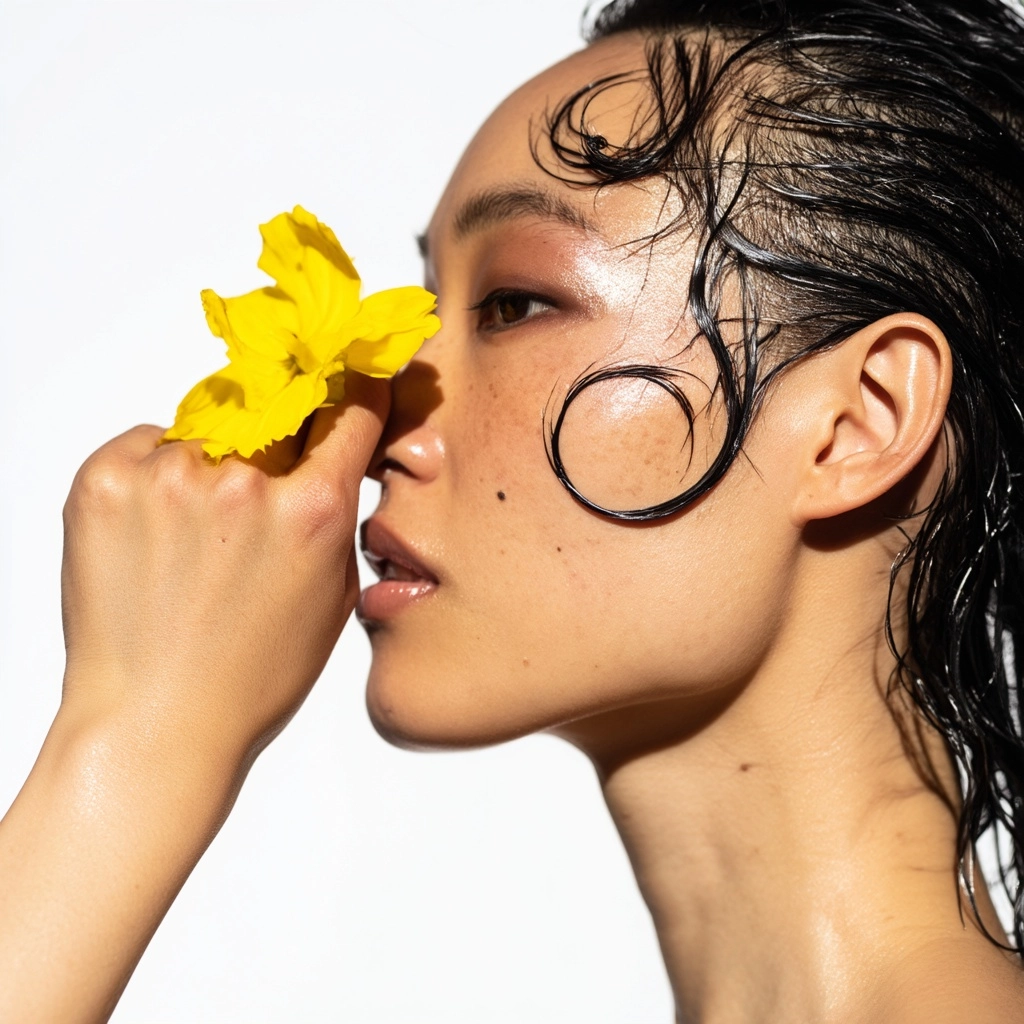 High-fashion beauty editorial close-up profile of an Asian woman, side view