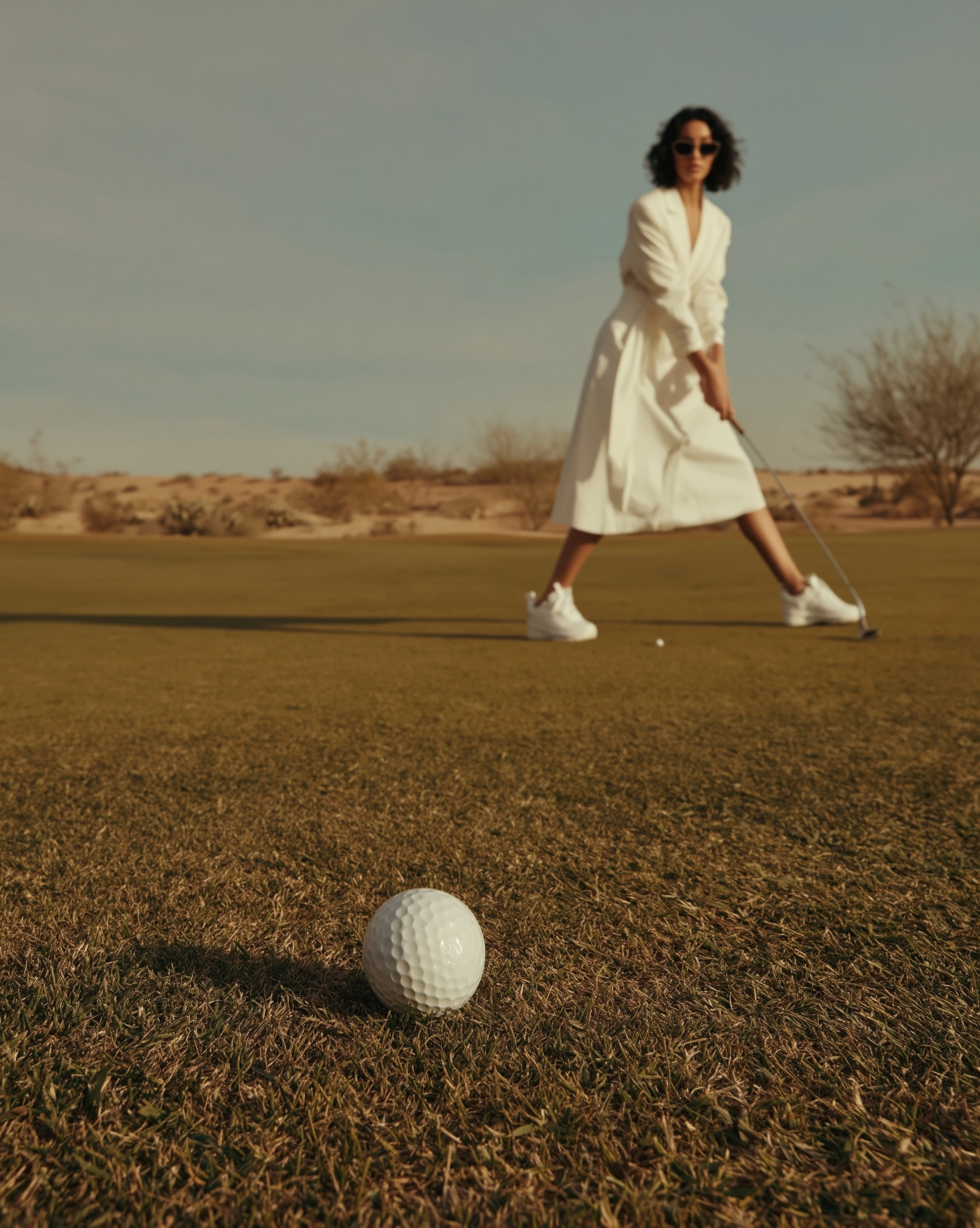 Editorial fashion lifestyle photography, playful golf scene on a sunny desert golf course