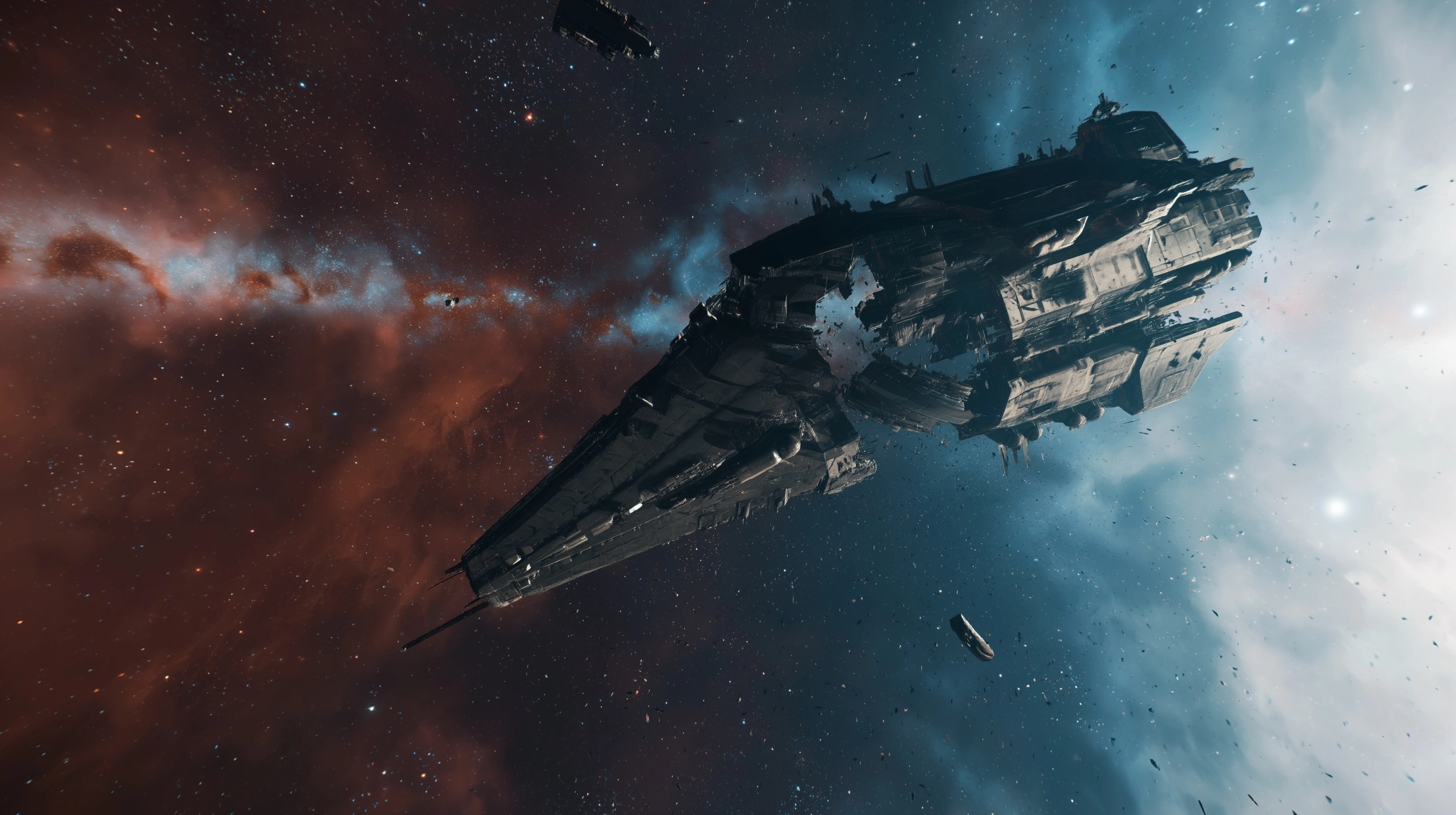 Exterior of an abandoned spaceship. Split open into two pieces