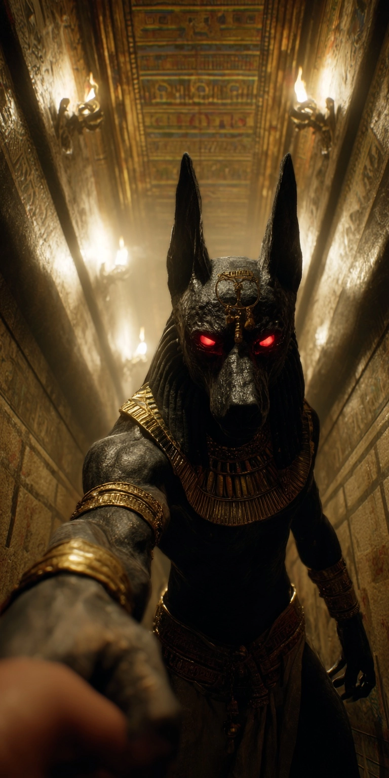 First person POV, walking inside a massive ancient Egyptian pyramid