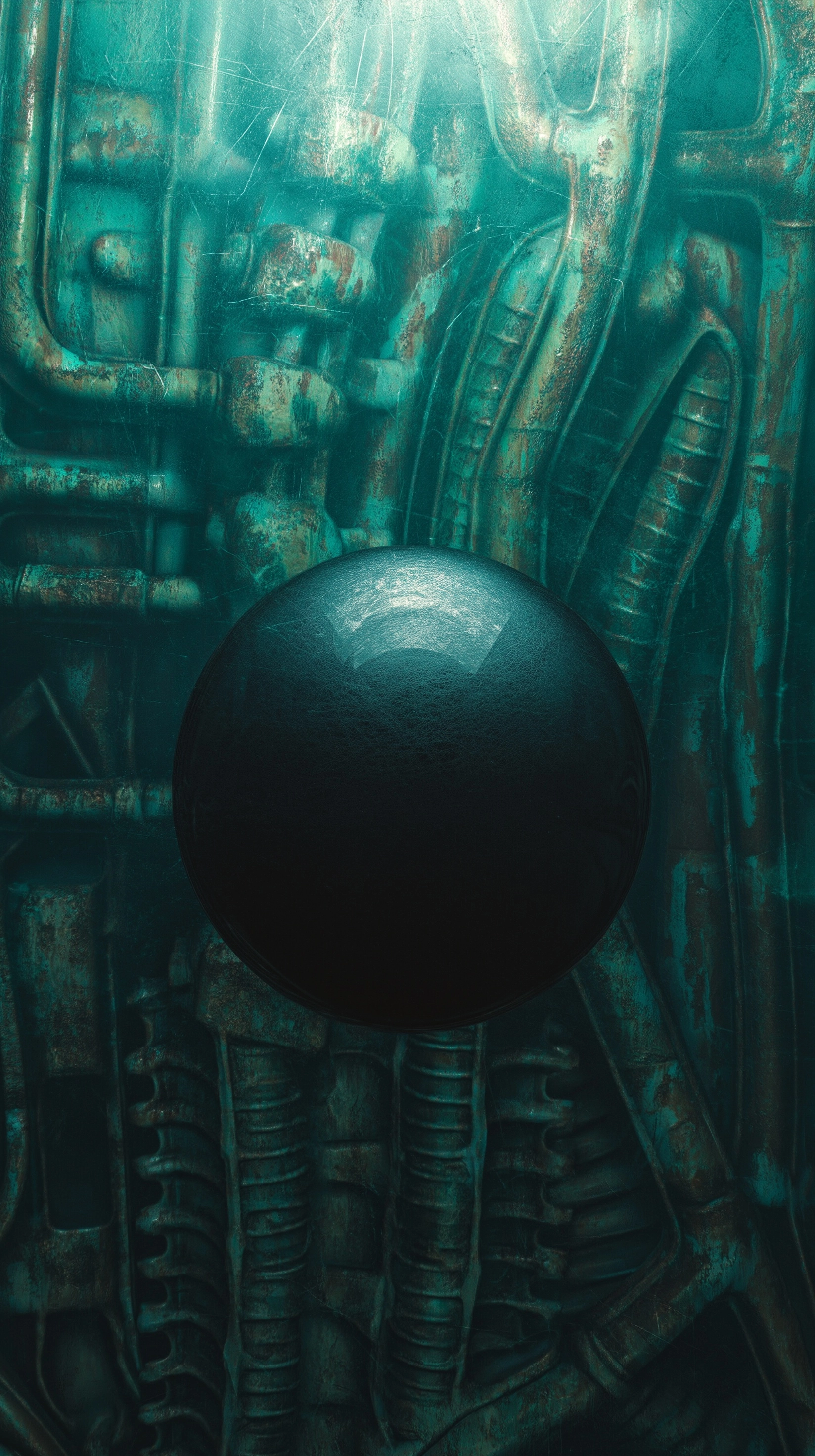 Futuristic photo with film grain and chromatic aberration and camera bokeh of a floating black spher