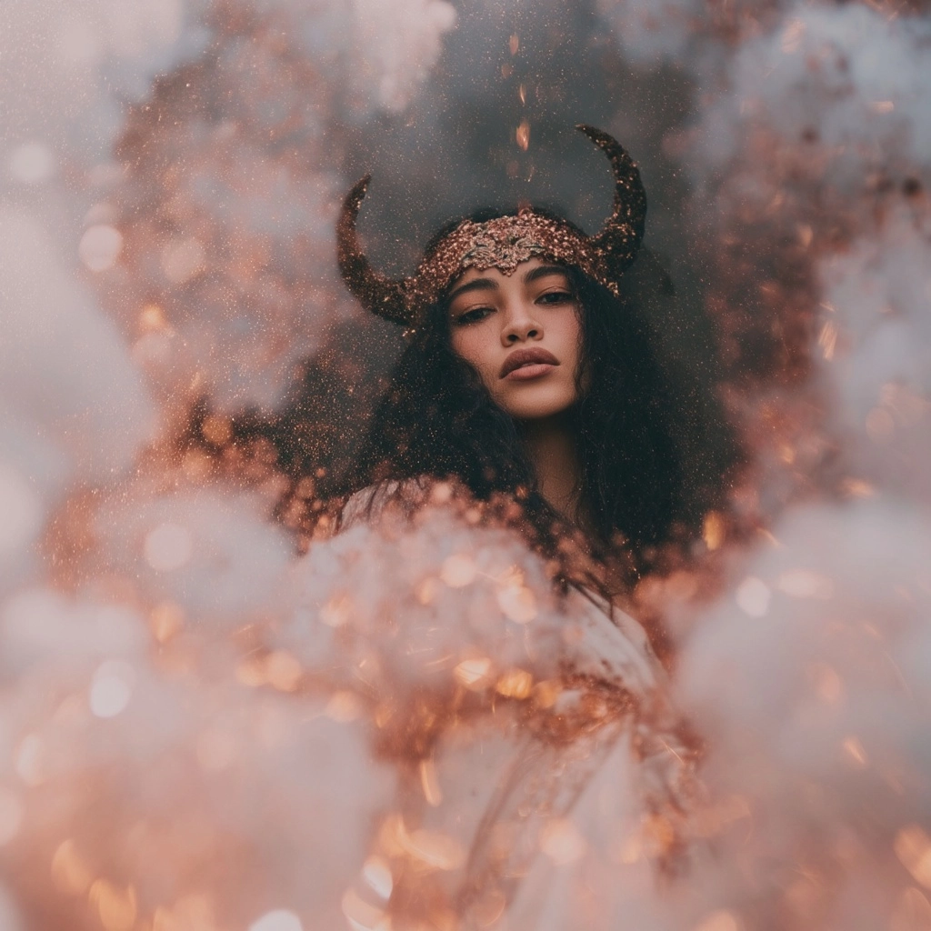 Glimmering iridecent glitter pouring down, a latin goddess with bull horn headpiece looking straight
