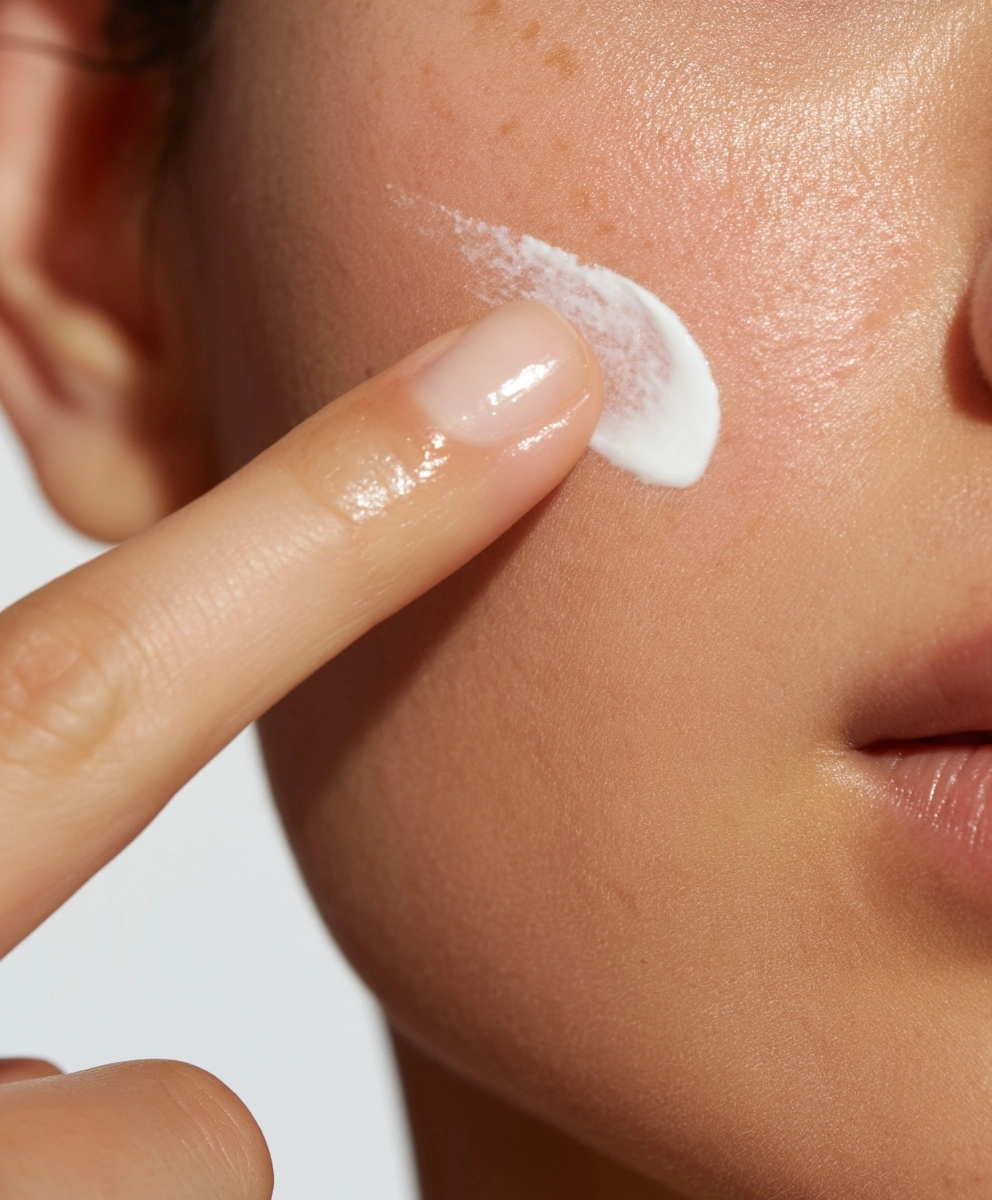 A finger gently blending a drop of sunscreen onto a cheek