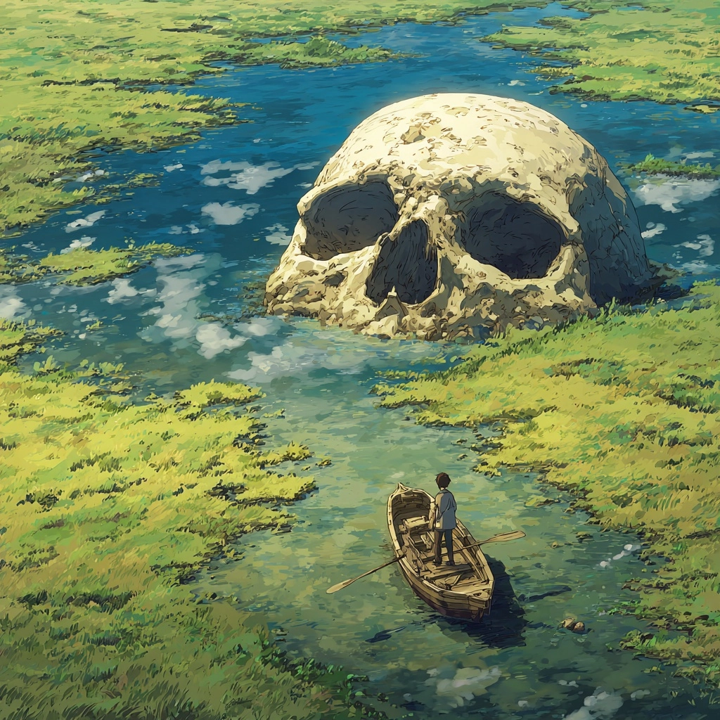Handwrite anime with full detail where a guy on a little boat sees big old skull in the ground. Cine