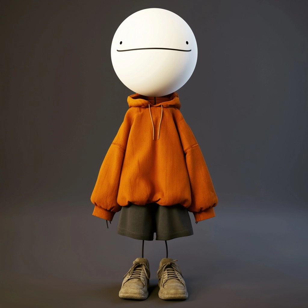 Minimal stylized 3D meme character, frog-inspired stick figure boy. Large simple white round head wi