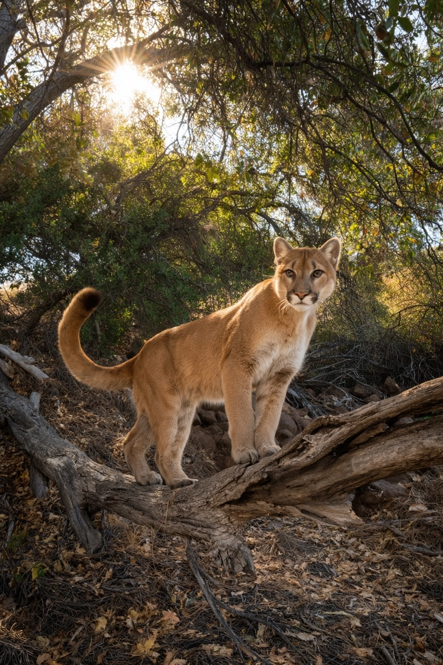 Mountain lion perched on a dead tree branch above a forest floor, tail balancing