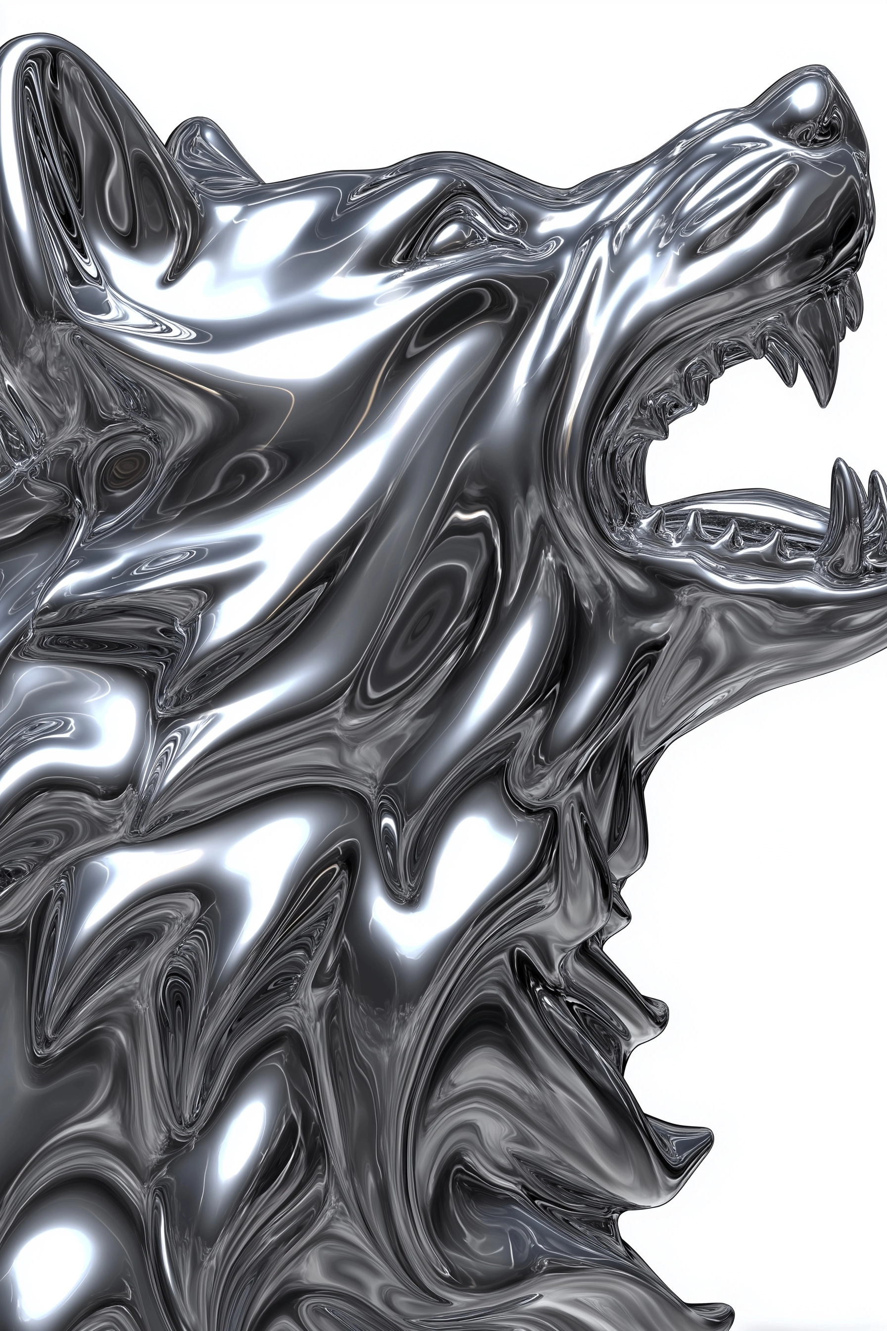 Pure black background , no shadow, The head of the liquid metal wolf is roaring.