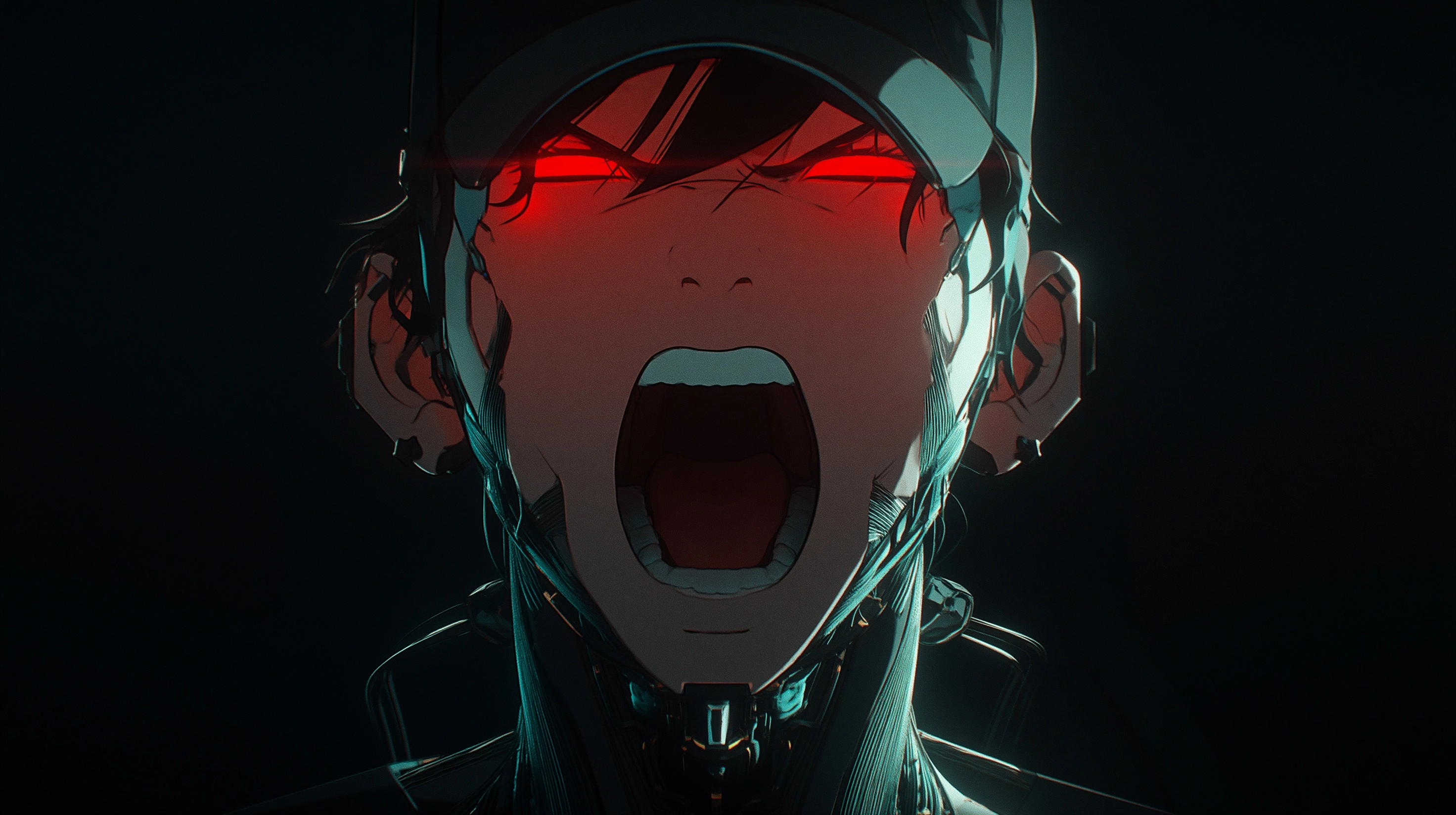 Screenshot of 90s japan anime. with a colour theme of black. young japanese cyberpunk humanoid weari