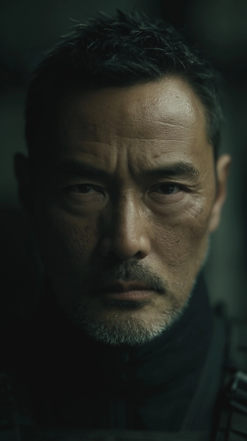 Ultra realistic asian male age 40, rugged face, imperfect skin texture
