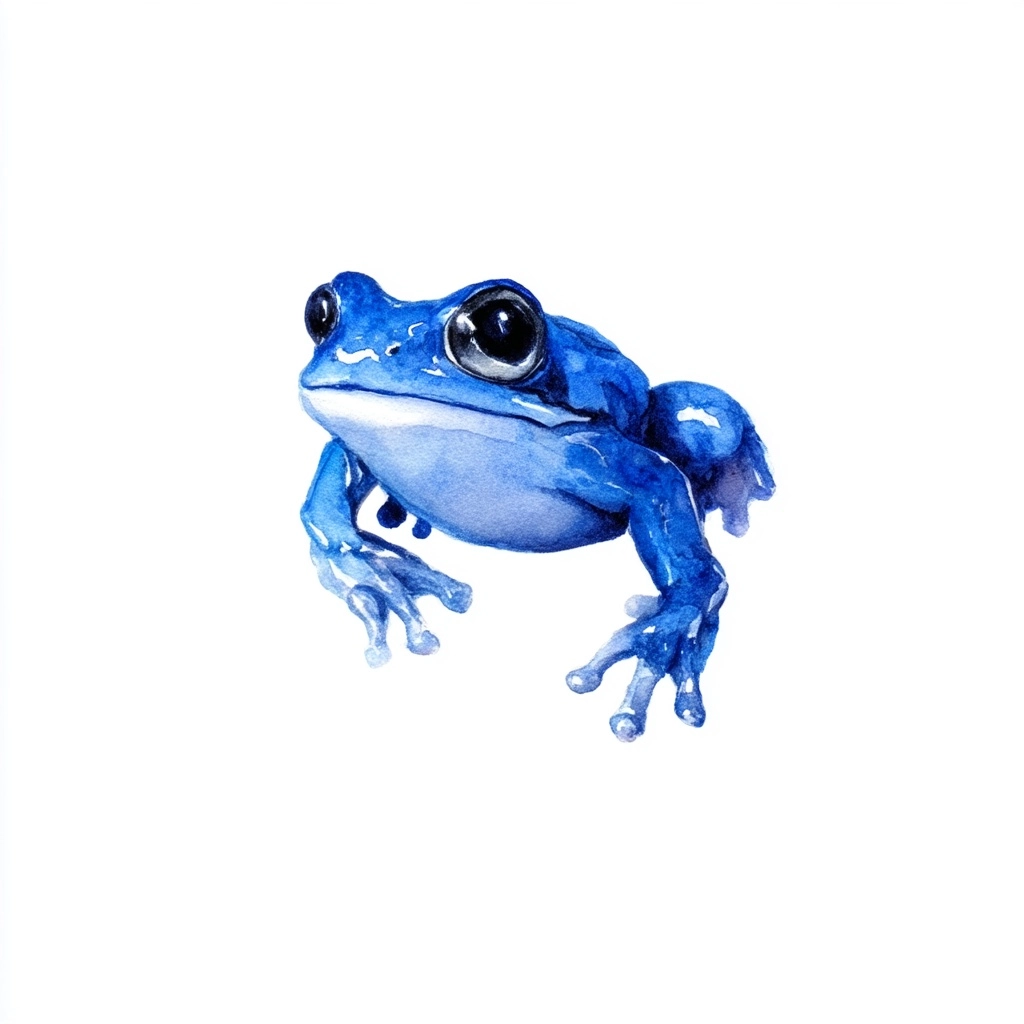 Watercolor painting of a cute and happy blue frog with big eyes