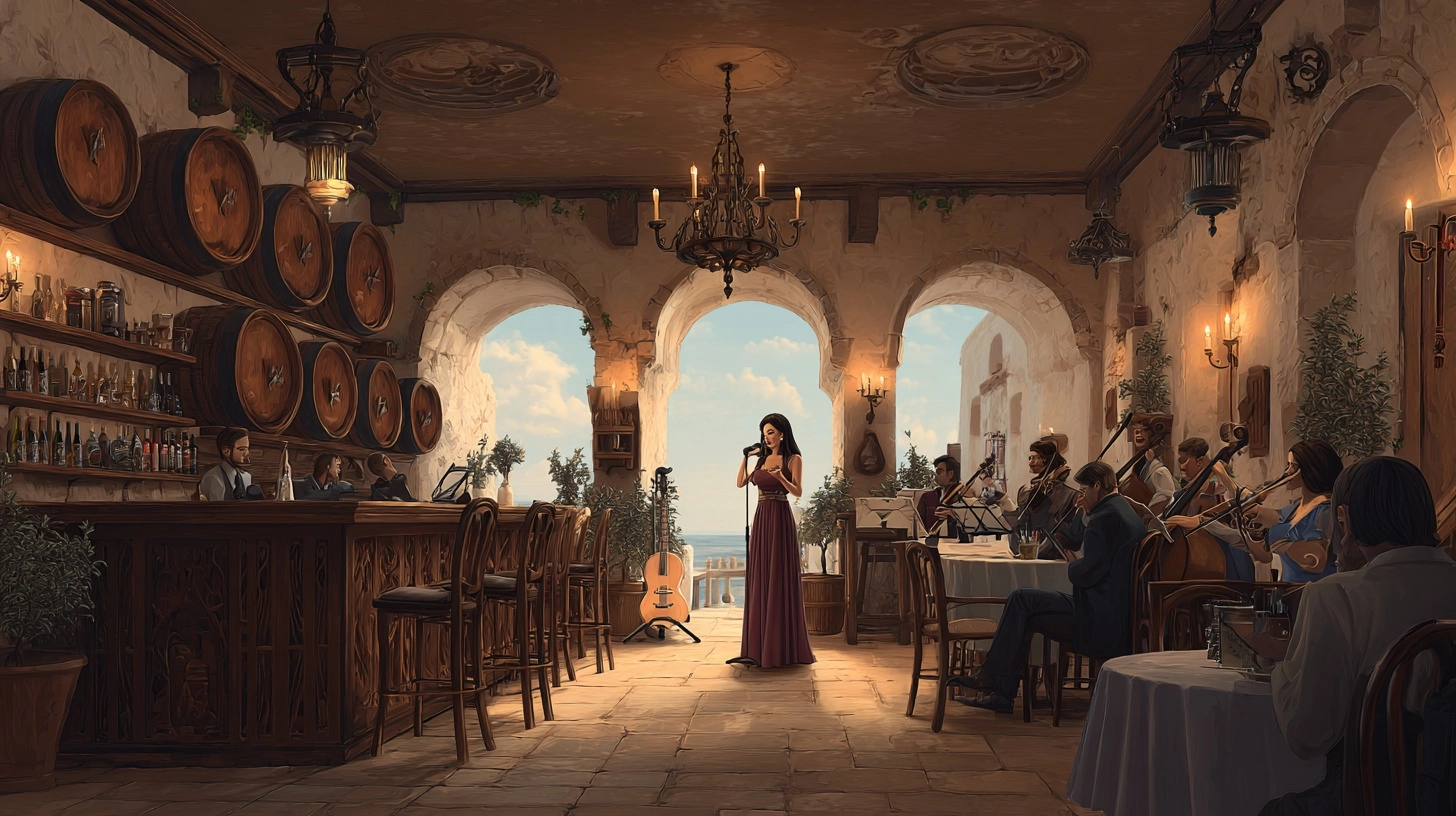 Realistic image. The interior of a Greek tavern with barrels. An orchestra with bouzoukis plays on o