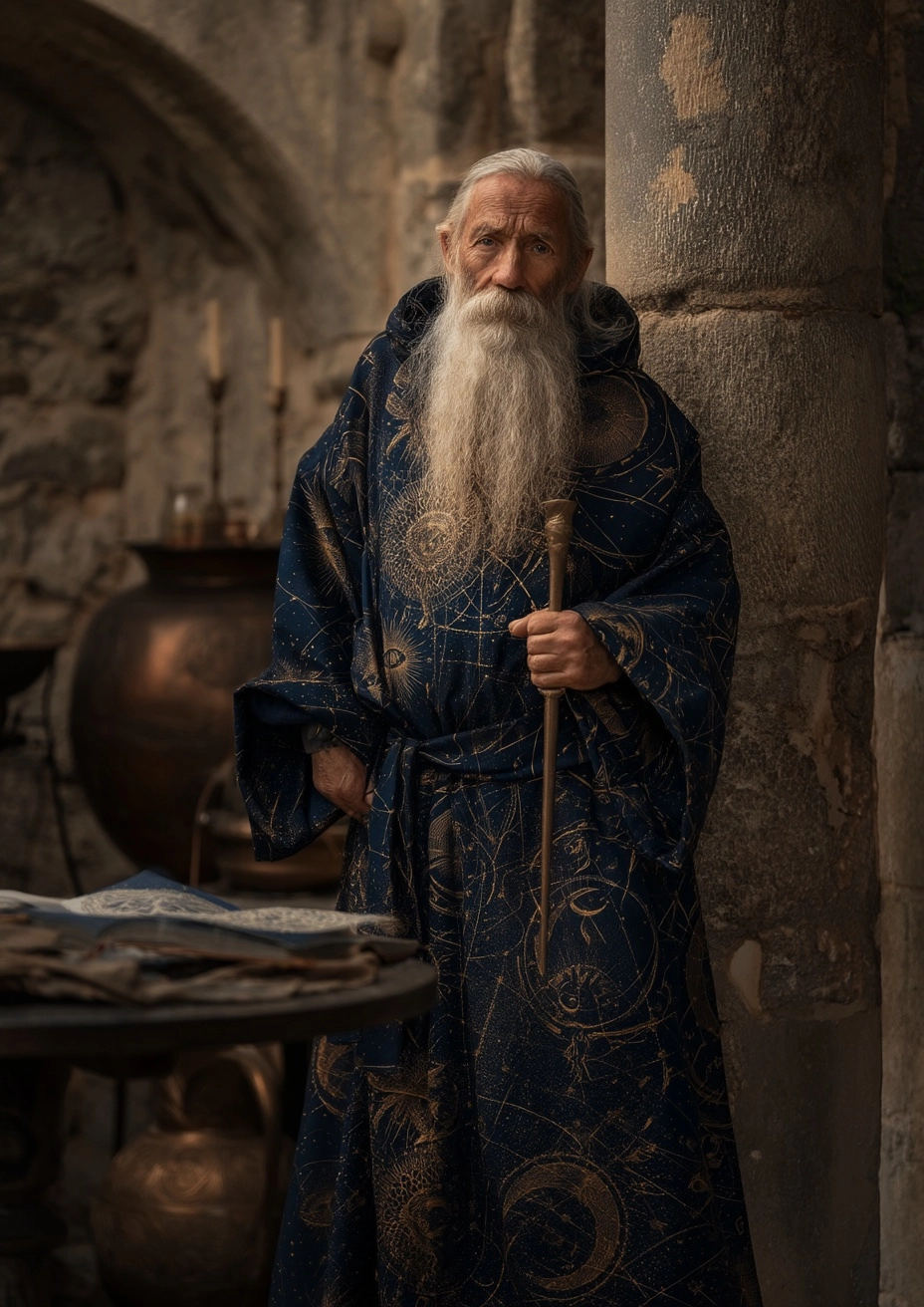 Wizened wizard, celestial theme, dark blue robes with golden celestial symbols