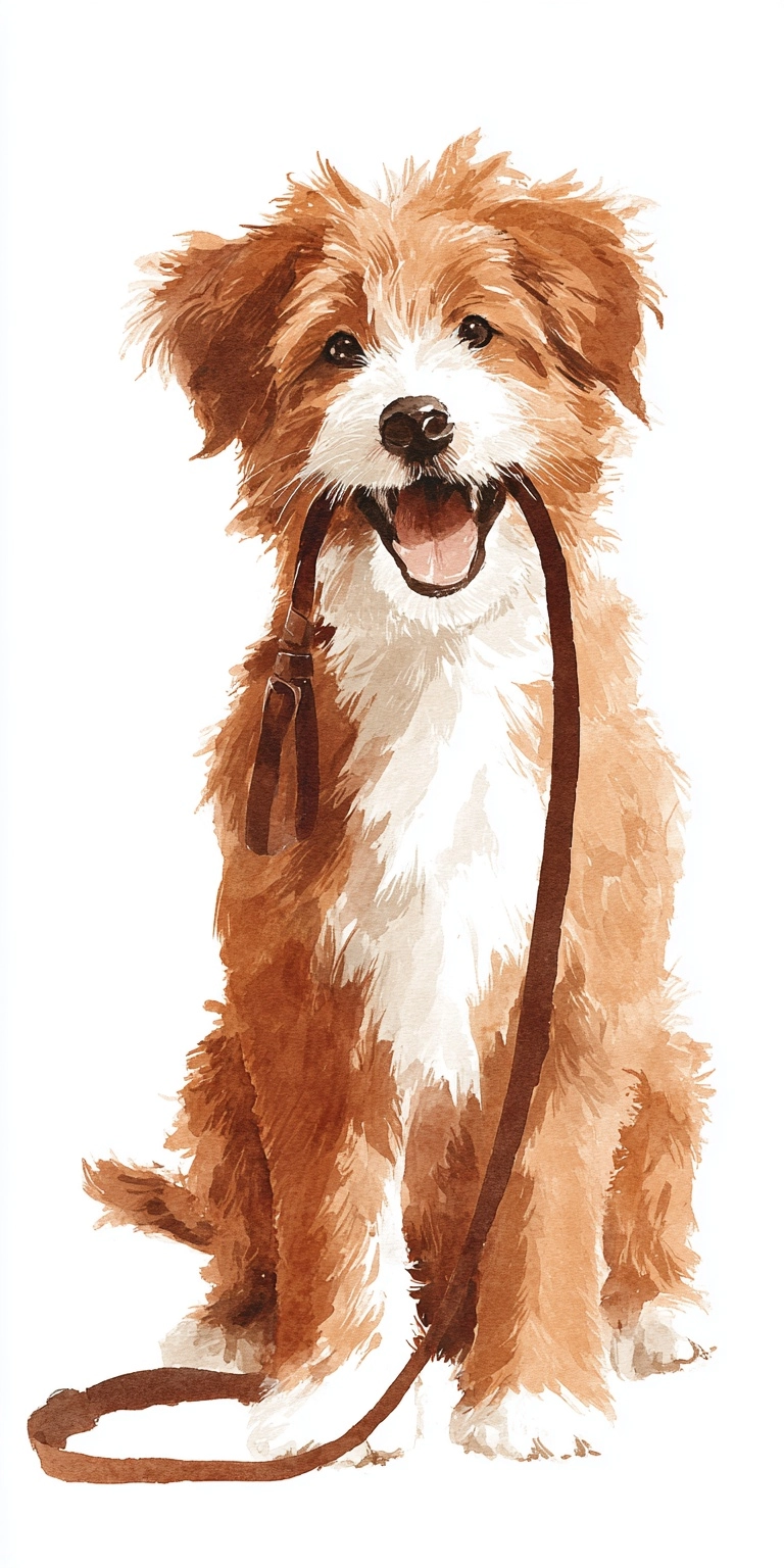 Fun watercolor illustration of a cute happy brown dog holding a lead in its mouth, smiling