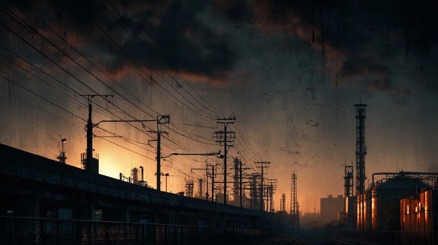 A backdrop from a Japanese delinquent film of the 1980s. An industrial area at dusk. Strong backligh