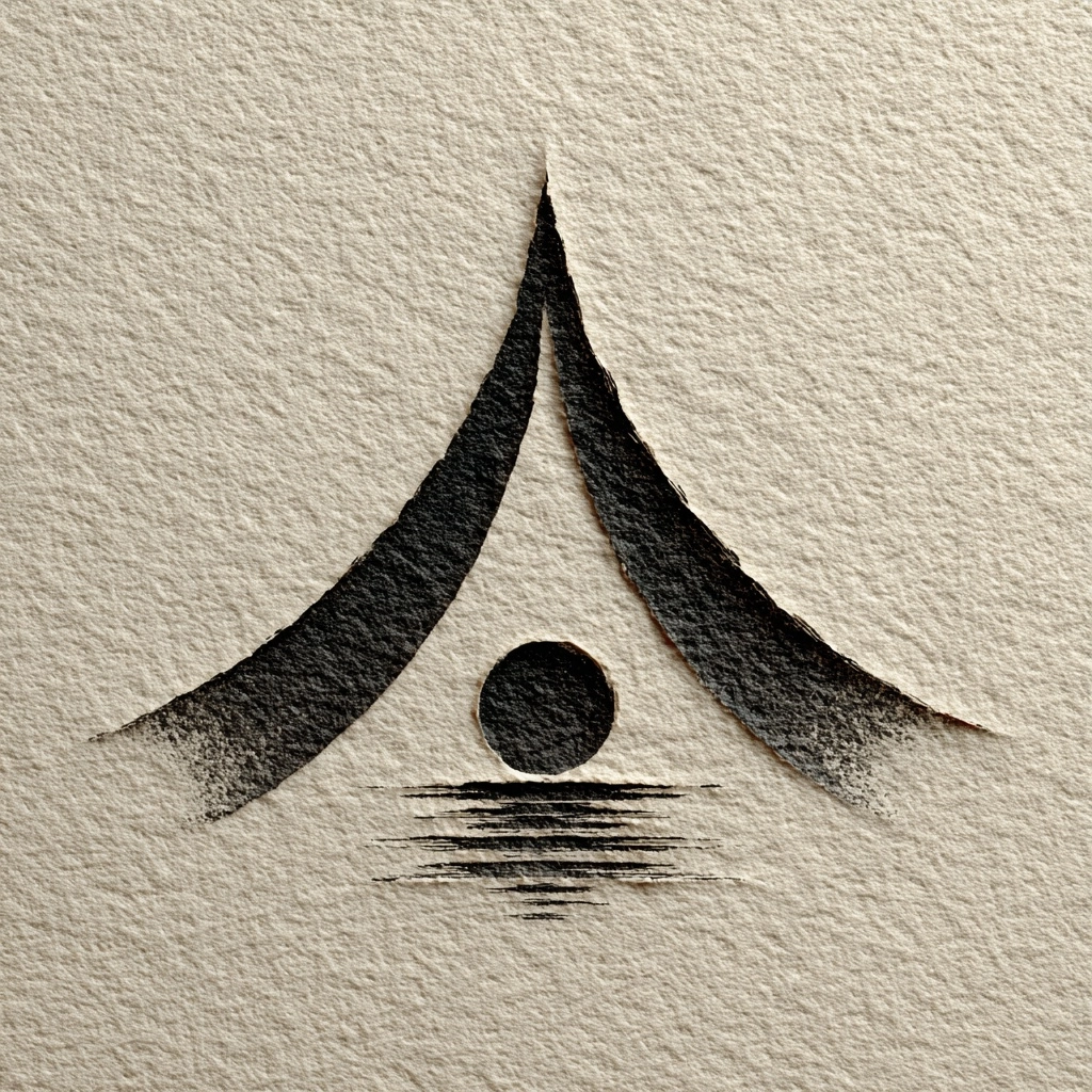 Minimalist line drawing logo, one single continuous stroke forming a stylized tent shape