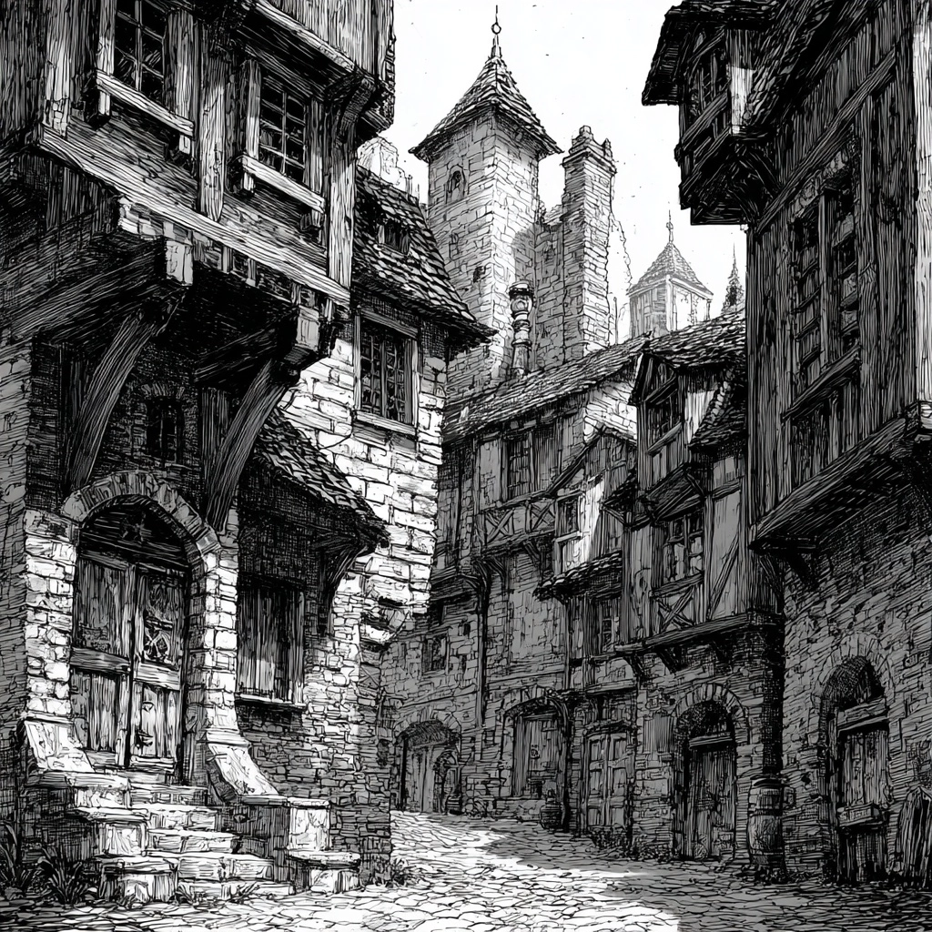 A black and white sketch of a rennaissance street with cramped houses