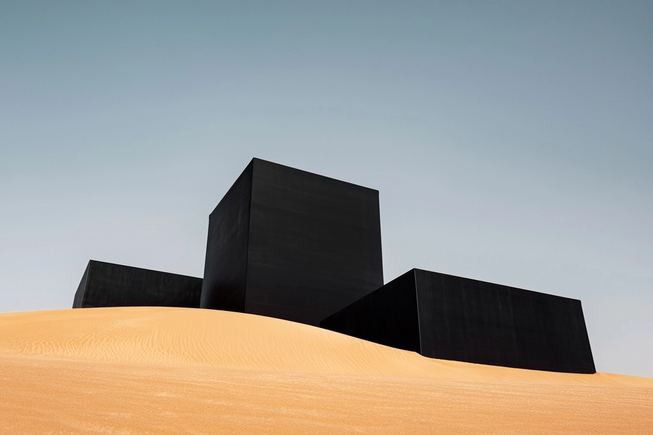 A brutalist building composed essentially of giant black balloons in a desert (like dune film)